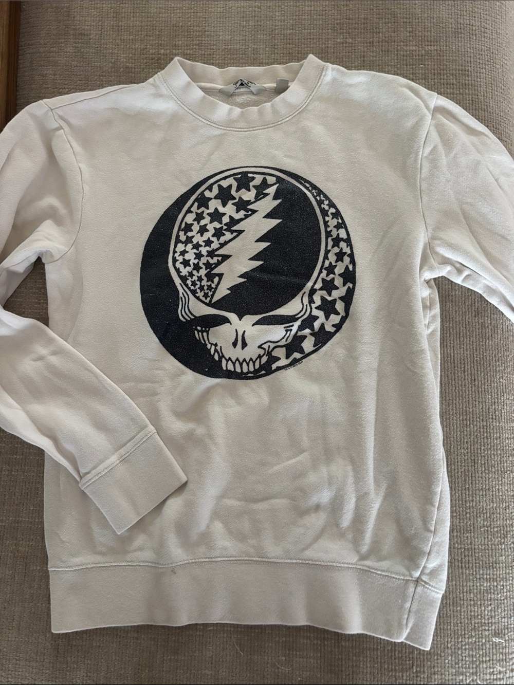 Junk Food Clothing White Crewneck with Black Skull Graphic